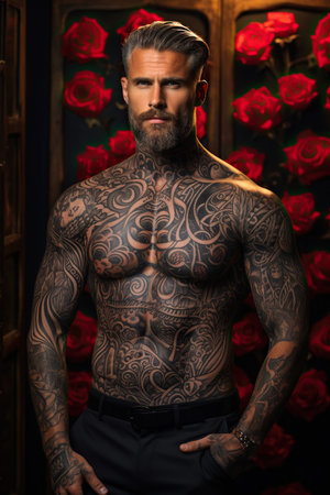 A man with tattoos posing for photoshootの素材