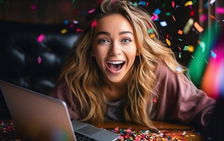 A beautiful model girl celebrating in front of a laptopの素材