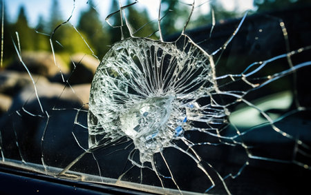 a stone crack in a car windshield photographed from inside driver seatの素材