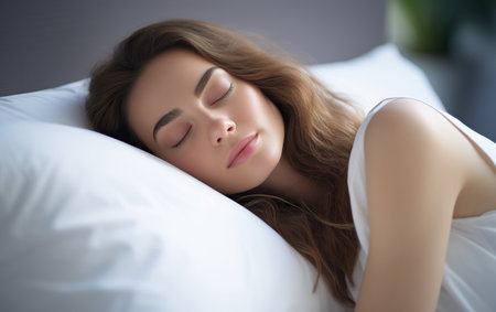 A woman is sleeping on a square white pillow, close-up side view of the person sleeping on the pillowの素材