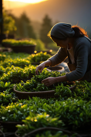 A woman harvests tea leaves at a tea plantation.の素材