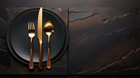 A black matte plate on black background, golden fork and spoon, top viewの素材