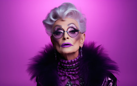 An old woman as a supermodel with much makeup in futuristic fashion clothes on purple background.の素材
