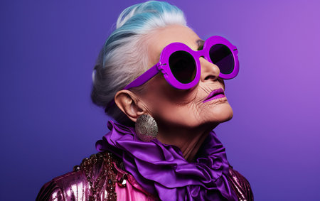 An old woman as a supermodel with much makeup in futuristic fashion clothes on purple background.の素材