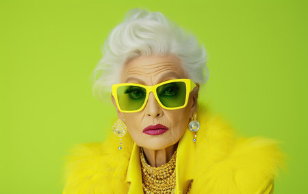 An old woman as a supermodel with much makeup in futuristic fashion clothes on yellow background.の素材