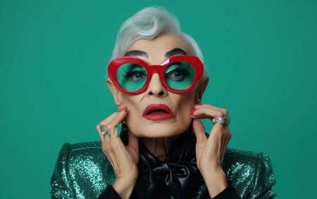 An old woman as a supermodel with much makeup in futuristic fashion clothes on green background.の素材