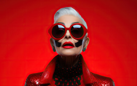 An old woman as a supermodel with much makeup in futuristic fashion clothes on red background.の素材