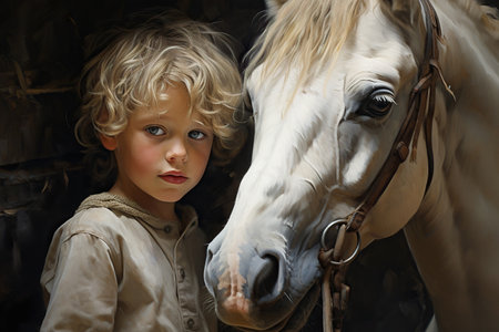 close up white horse in the stable and little boy nearの素材
