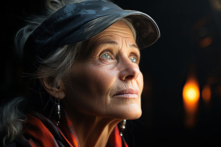 Closeup of old woman posing in front of a solid dark wallの素材