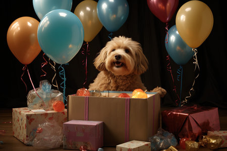 dog with birthday box and balloonsの素材