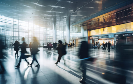 A bustling airport terminal scene with blurred customersの素材