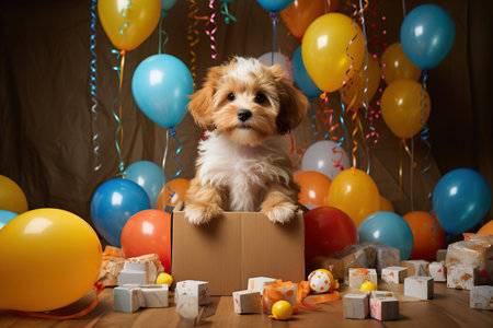 dog with birthday box and balloonsの素材