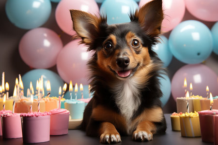 dog and Gift box on colorful pastel background holiday celebration kids birthday partyの素材