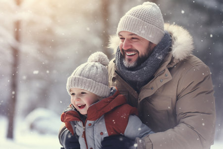 Father playful with little son having fun together outdoor on frosty dayの素材