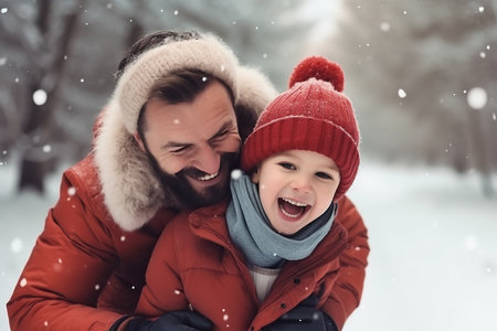 Father playful with little son having fun together outdoor on frosty dayの素材