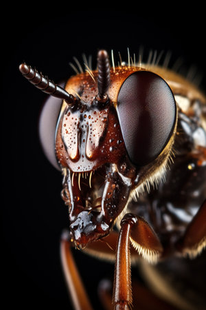 macro close-up side view photograph of an insect on dark background.の素材