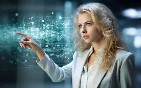 female business person pointing in the direction of an image of information technologyの素材