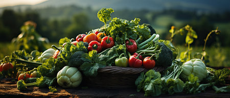 fresh greens and mixed colored vegetables in a large basket in field green plantsの素材