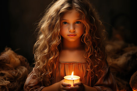 Little girl with long curly hair and Candleの素材