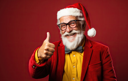 A happy smiling senior man with thumb up, colorfully dressed, on red backgroundの素材