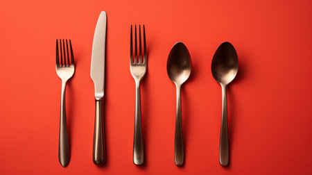 Minimal kitchen tools like( spoons, fork, knives) placed on red isolated backgroundの素材
