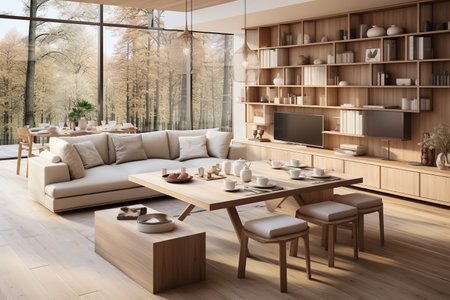 Interior design in Scandinavian style for large living roomの素材