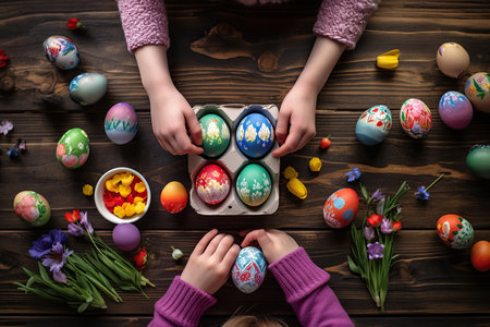Overhead view on Childs hand painting easter eggs on old wooden tableの素材