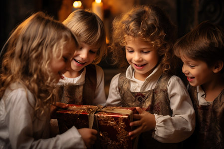 Happy children celebrating christmas with family, opening giftsの素材