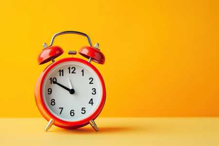 Red vintage alarm clock on yellow backgroundの素材