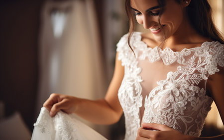 a bride-to-be trying on wedding dressesの素材
