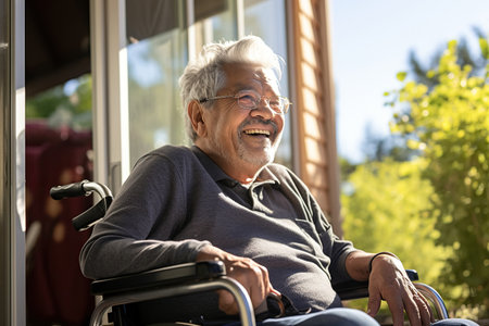 A senior retired Latin man at home, sitting in a wheelchair looking out of a window on a sunny dayの素材