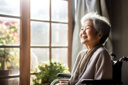 A senior retired Asian man at home, sitting in a wheelchair looking out of a window on a sunny dayの素材