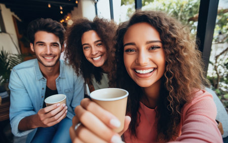 Friends taking a selfie with coffee cups at a social gatheringの素材