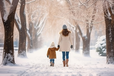 happy mom and kid playing in winter park, enjoying snowy weatherの素材
