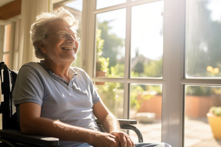 A senior retired Latin man at home, sitting in a wheelchair looking out of a window on a sunny dayの素材