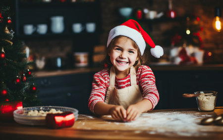 Happy funny little girl baking christmas cookies on a cozy kitchen at homeの素材