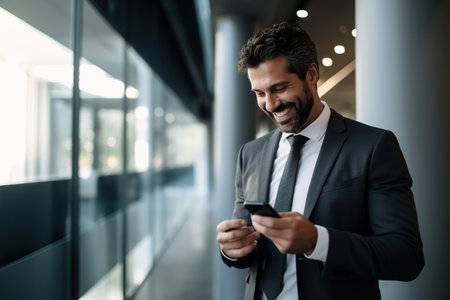 Generic well - dressed man in a modern office, looking at his phone, smiling slightlyの素材