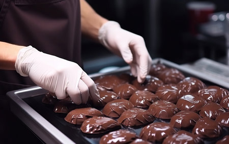 Close-up pastry chef in a gloves makes delicious chocolate candiesの素材