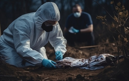 Criminologist in white protective gloves and wearing face masks working with dead body at crime outdoorsの素材