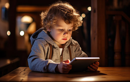 a shcoolboy using a digital tablet for learningの素材