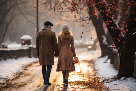 Mature Couple Traveling, Walking in winter parkの素材