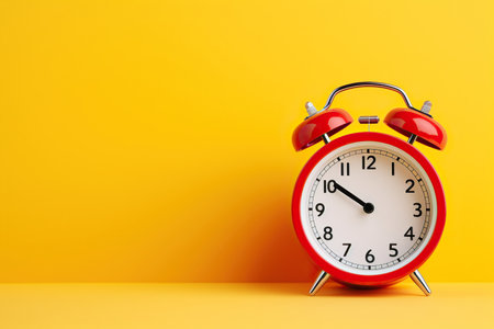 Red vintage alarm clock on yellow backgroundの素材