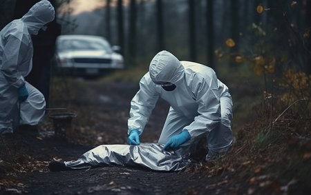 Criminologist in white protective gloves and wearing face masks working with dead body at crime outdoorsの素材