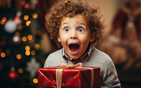 Surprised excited boy open giftbox near Christmas treeの素材