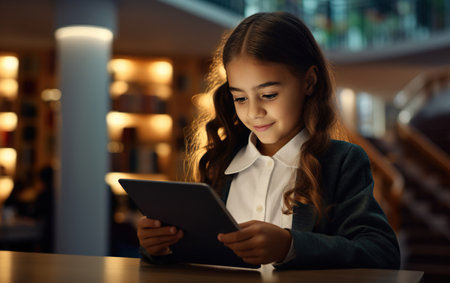 a schoolgirl at school library is using a digital tablet for learningの素材