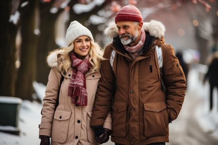 Mature Couple Traveling, Walking in winter parkの素材