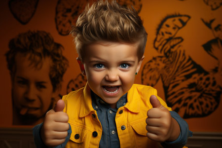 a small tattooed stylish trendy toddler boy in a bright yellow singlet with a serious intimidating lookの素材