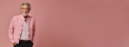 Man in his 60s on pink backgroundの素材