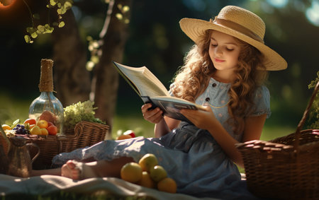 One kid girl reads a book at a picnic.の素材