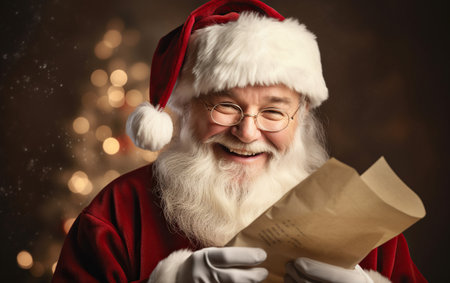 Portrait of happy Santa Claus holding Christmas letter,の素材